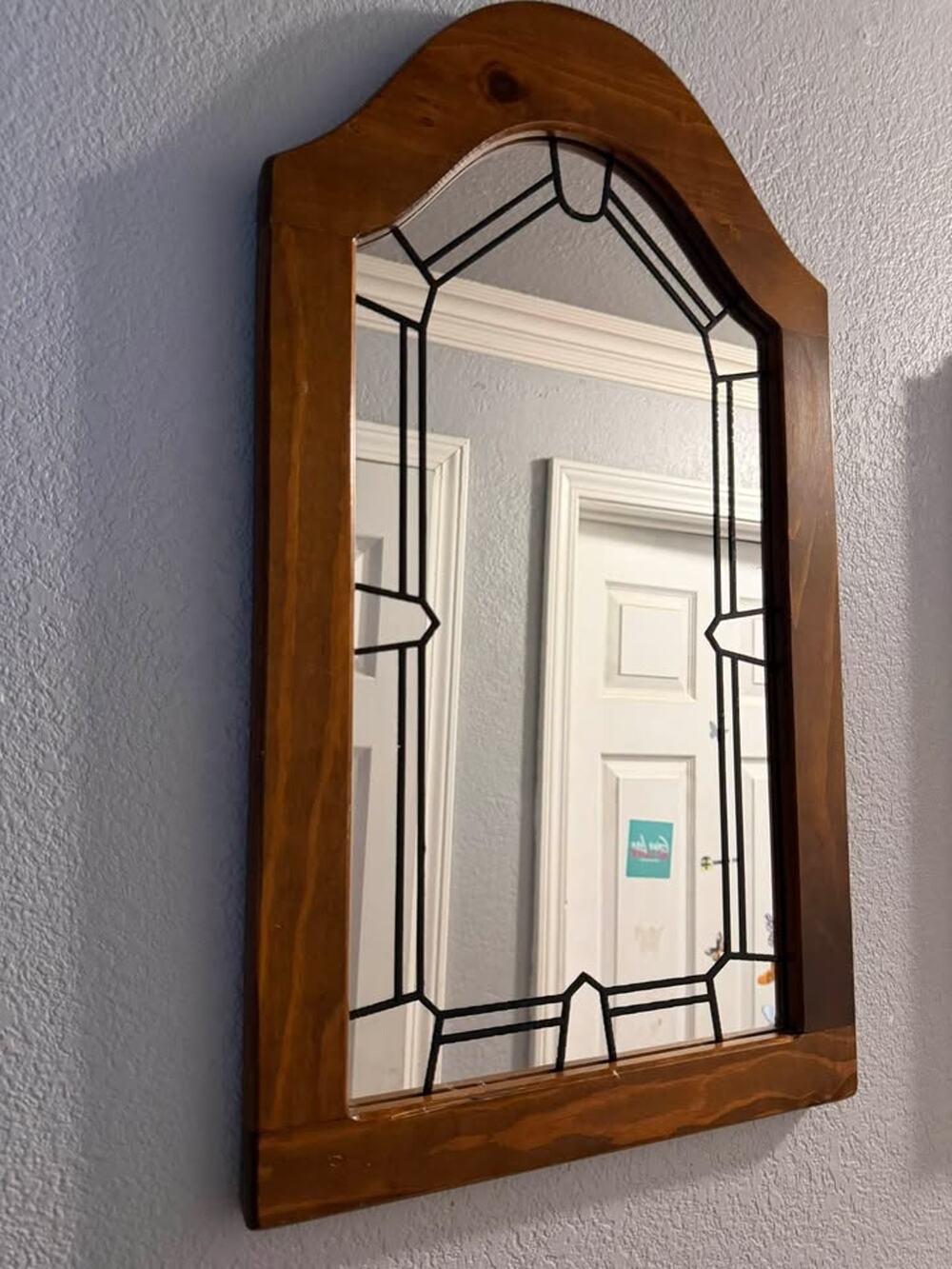Vintage Wood & Leaded-Style Glass Arch Mirror – 23” x 13”